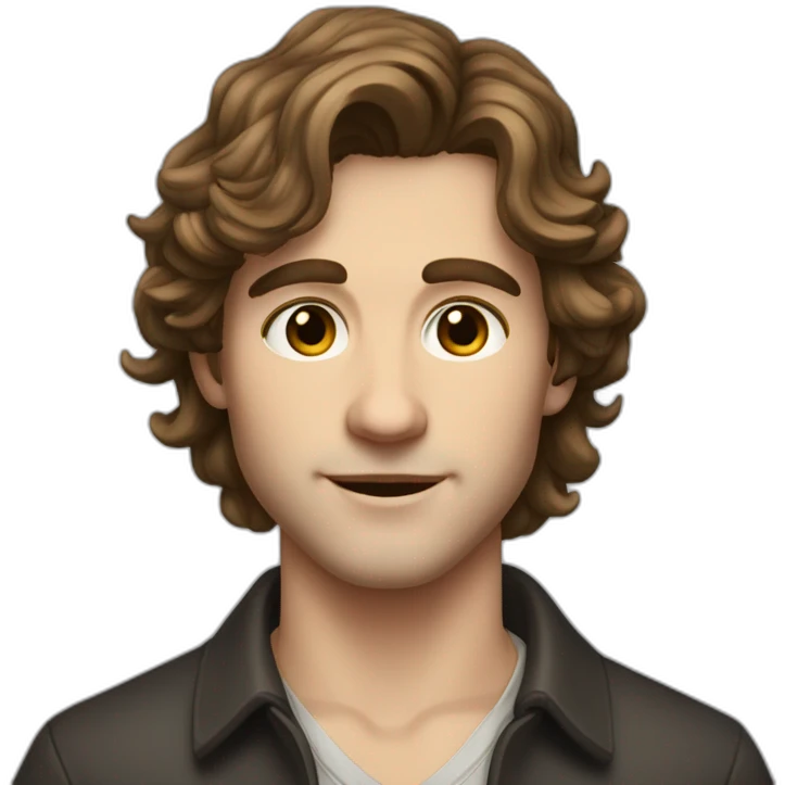 Young men type italian, White skin, with long wavy brown hair (Which go down behind to the nape of the neck), Little bit dezoom emoji