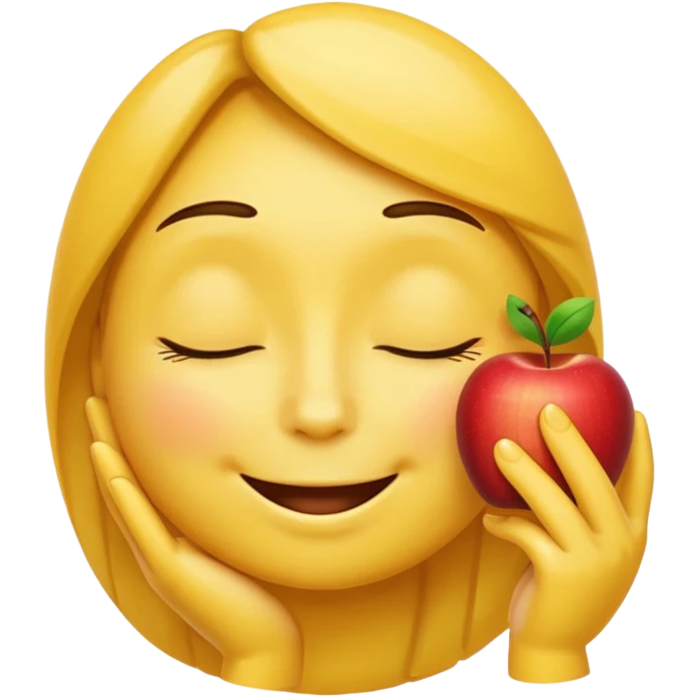 Smug yellow emoji, closed eyes, proud smile, hand on chin, Apple-style. emoji