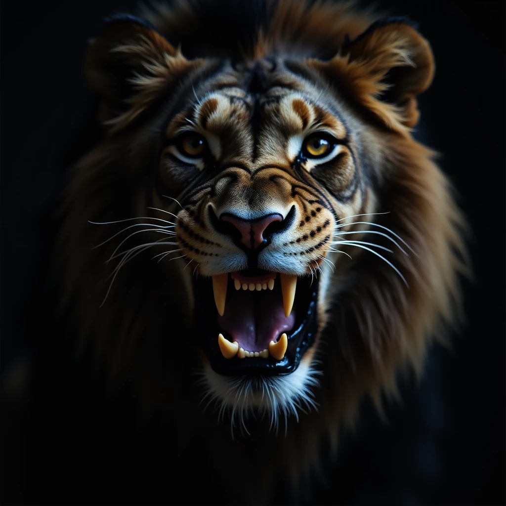 a black lion with a gold tooth, photorealistic style, dramatic lighting emoji