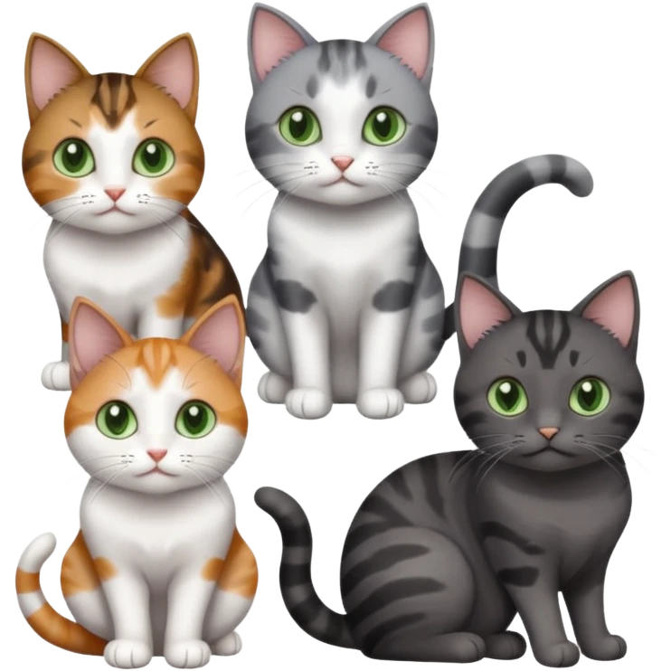 4 different coloured small cats including a dark grey and white, and a patchy calico, and a brown tabby and white,  and a completely solid dark grey with green eyes and only white paws emoji
