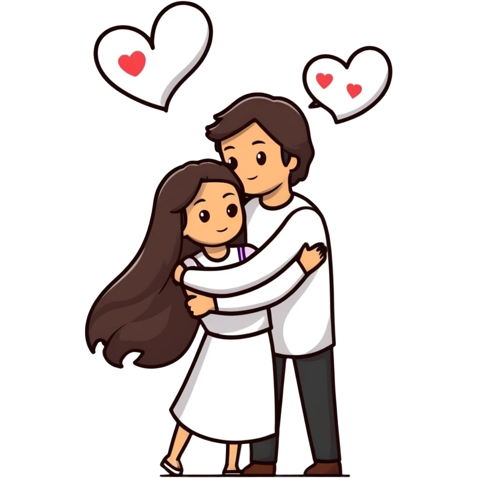 A couple embracing each other. The man has mestizo skin tone, slightly long dark brown straight hair. The woman has light skin, long dark brown hair. White hearts floating around them. emoji