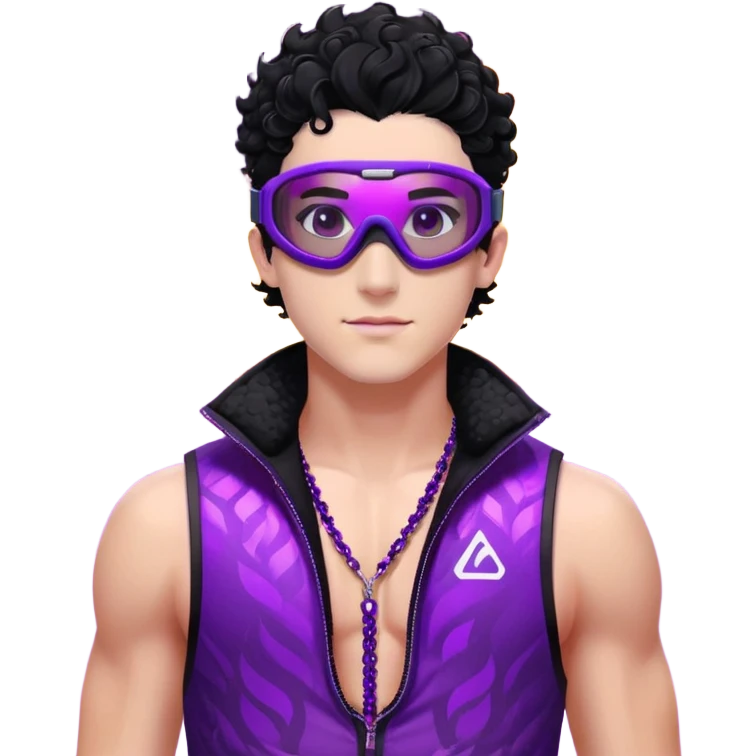 male athlete with white skin and moderately curly black hair on top with shaved sides, wearing ski goggles with purple frames and very dark black lenses, a simple plain black chain necklace, and a completely unzipped sleeveless vest with purple and black sequin fire pattern design, fully revealing his chest, shoulders and arms, no earrings emoji