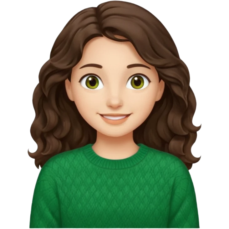 Una chica güera con pelo ondulado, café oscuro, largo, ojos cafés oscuros y con suéter o camisa verde emoji