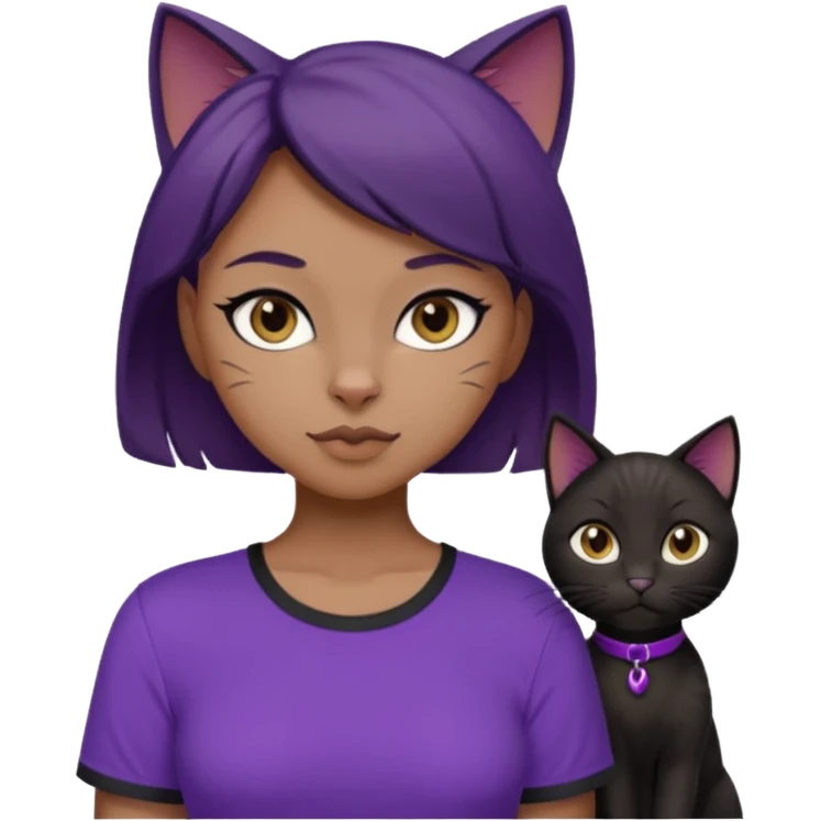Cartoon female Anthro phobic black cat with brown short hair with purple shirt emoji