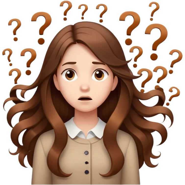 Confused girl with long brown hair surrounded by floating question marks elegant cute  emoji