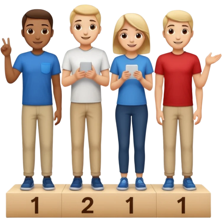 show people on podium in first, second and third place. The podium should be labeled 2, 1, 3. The middle position should only have the number 1.  the people should be dressed causally in regular relaxed clothes

 emoji