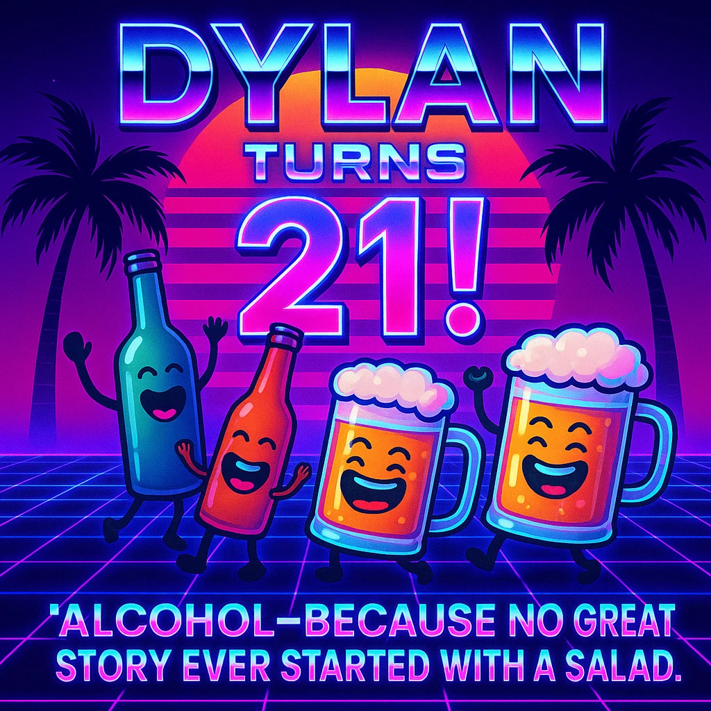Completely change the style to vaporwave: neon colors, retro 80s grid, palm trees, synthwave sunset, chrome text, and keep the funny drink quote. Make it look digital and bold. emoji