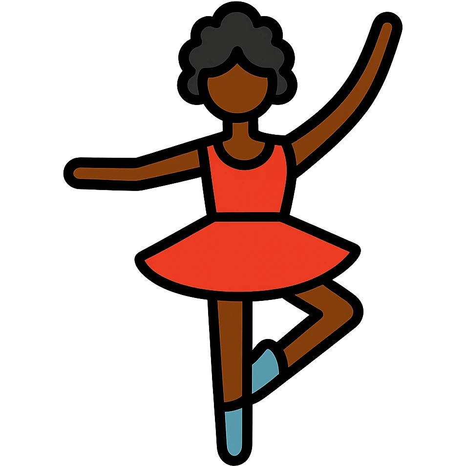 Make her a ballerina with dark skin and curly black hair in color outline icon style, no background. emoji