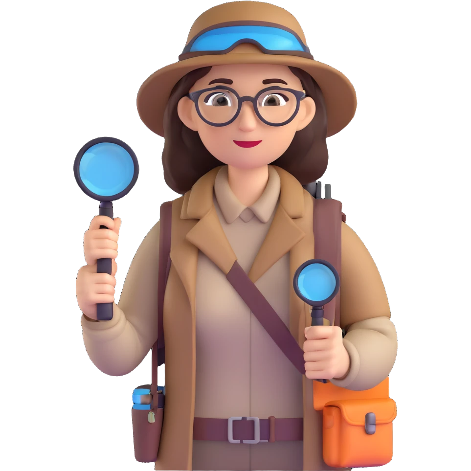 Curious professional woman explorer with glasses, modern outdoor equipment, single magnifying glass, stylized 3d look emoji