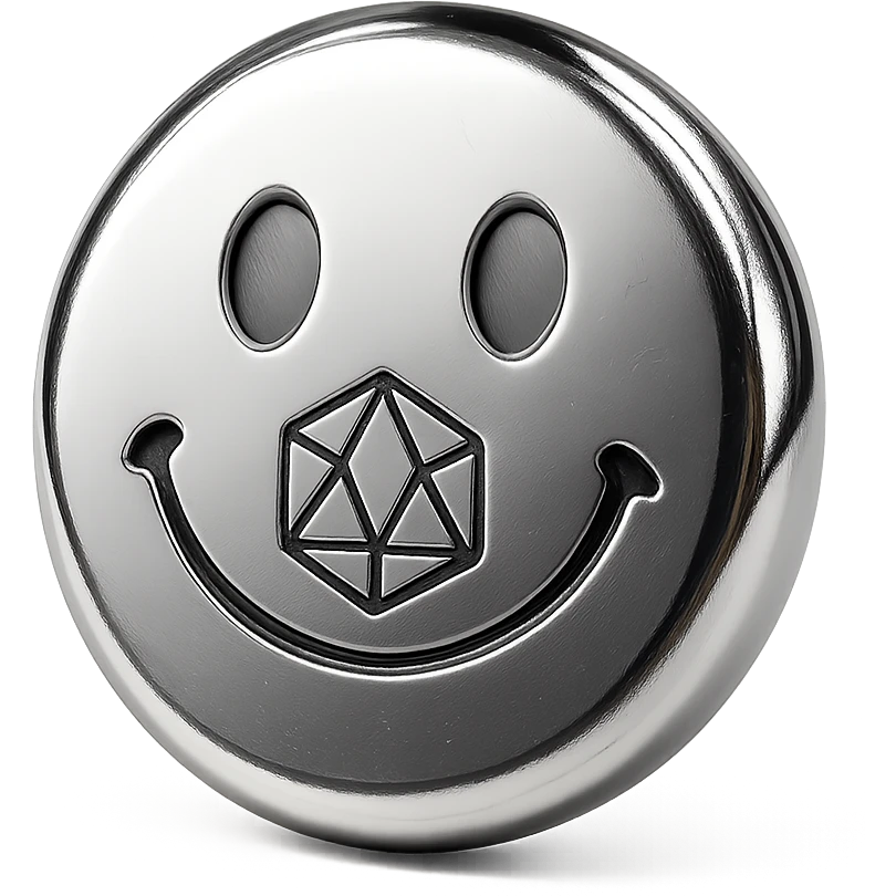 round polished chrome emoji featuring Polyhedra logo rendered with clean futuristic metallic texture cohesive with set emoji