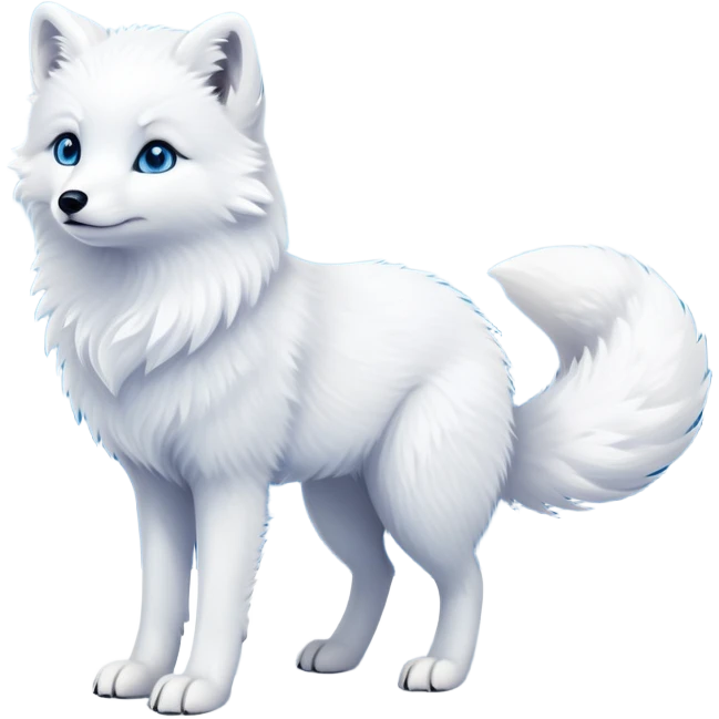 cinematic-arctic-fox-realistic-full-body-standing-emoji,-fluffy-tail-curled-slightly-around-its-white paws,-thick-pure-white-fur-blending-into-the-snowy-landscape,-head-tilted-dramatically,-bright-blue-eyes-glistening-with-intelligence,-simplified-yet-realistic-focused-features,-highly-detailed,-glowing-with-an-almost-sarcastic-glow expressive eyes emoji