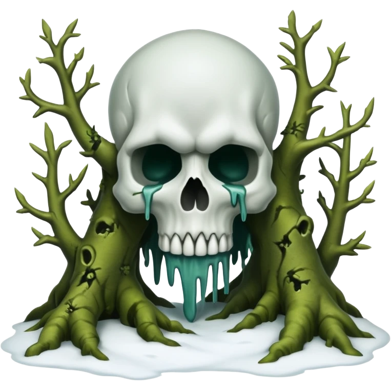 A surreal Alaskan snow covered landscape with mossy trees, in the style of your bleeding skull art. emoji