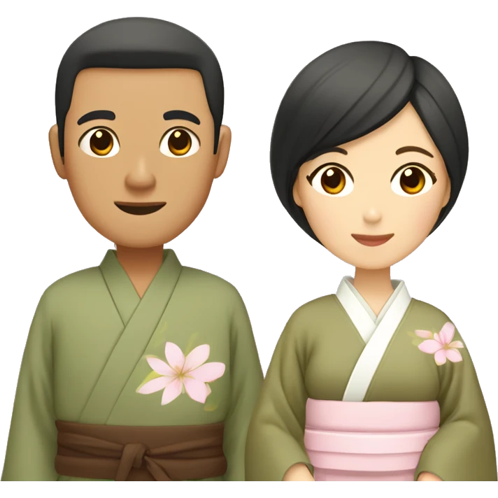 asian couple in kimono - man wearing plain olive green with brown outside and beige fabric belt, woman wearing light pink with pastel florals emoji