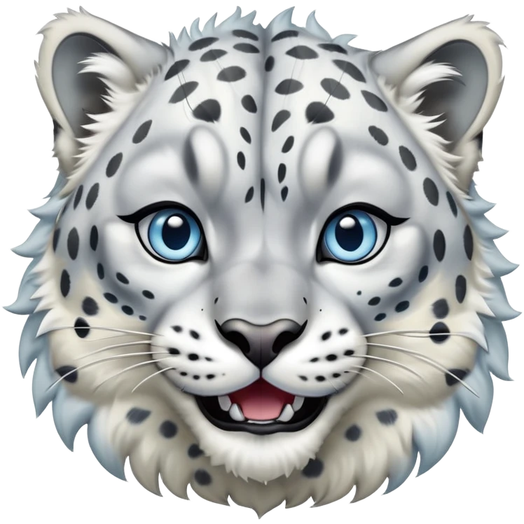 Cinematic-Comical-Snow-Leopard-Portrait-Emoji – Head tilted dramatically with an exaggeratedly amused expression, featuring a thick, spotted white-and-grey coat with a dense ruff around the neck, wide, piercing icy blue eyes filled with playful disbelief zoomed out showing the shoulders emoji