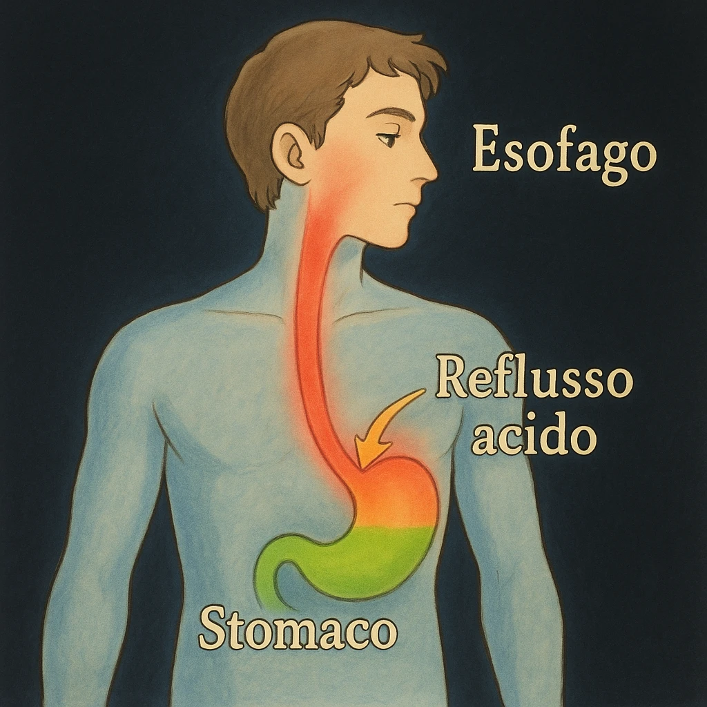 Medical illustration in Italian of gastroesophageal reflux: stylized figure of a man, esophagus highlighted in red, acid rising from the stomach to the esophagus. Add Italian labels: 'Esofago', 'Stomaco', 'Reflusso acido'. Dark background, clear illustrative style. emoji