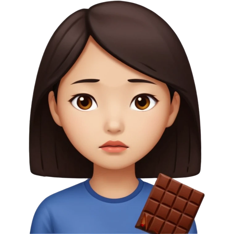 A young Asian female with a gloomy expression, thinking of chocolate emoji