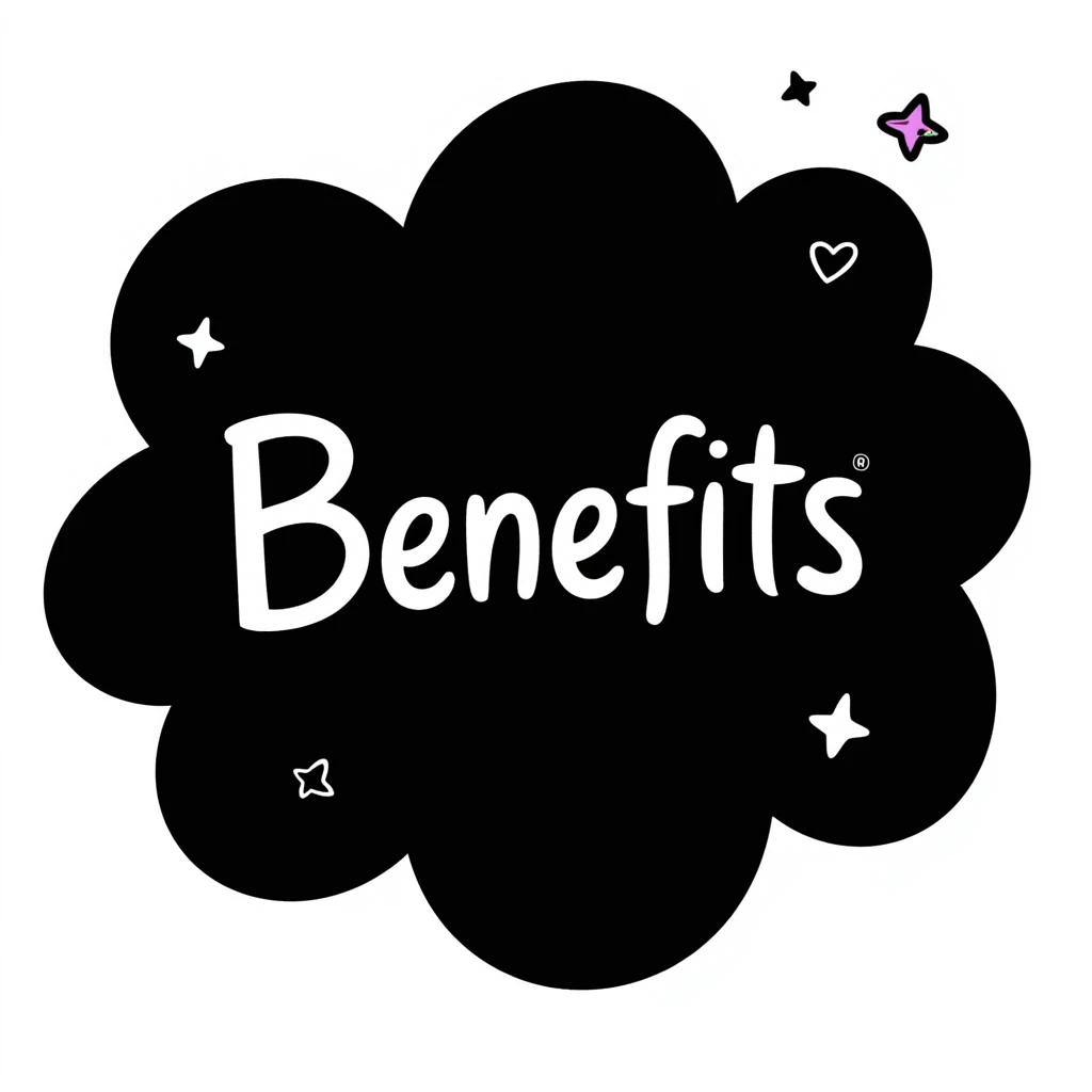 The word "Benefits" hand-drawn in white text with a dark background and just a few colorful accents. Simple doodle style with minimal decoration. emoji