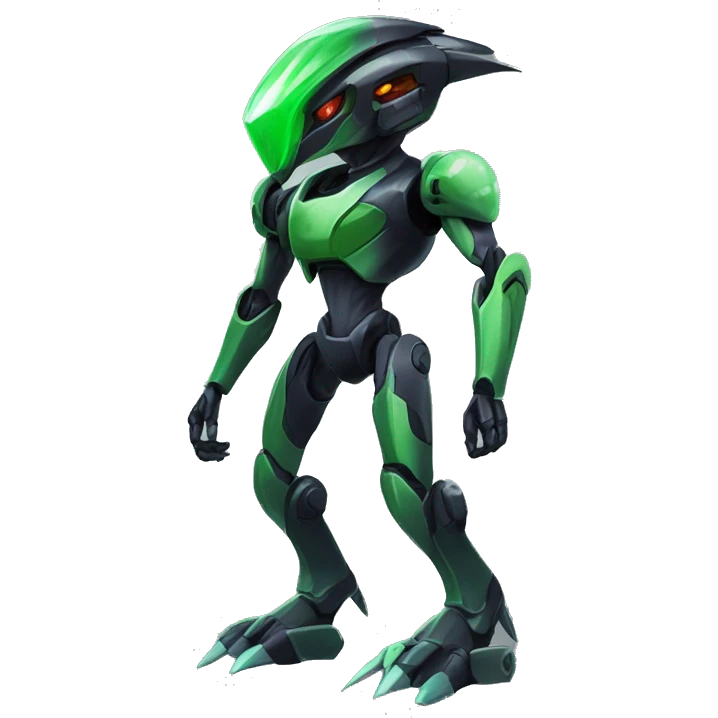a shiny black-green Genesect-Raptor-Fakémon-Medabot-hybrid with a futuristic visor-helmet full body emoji