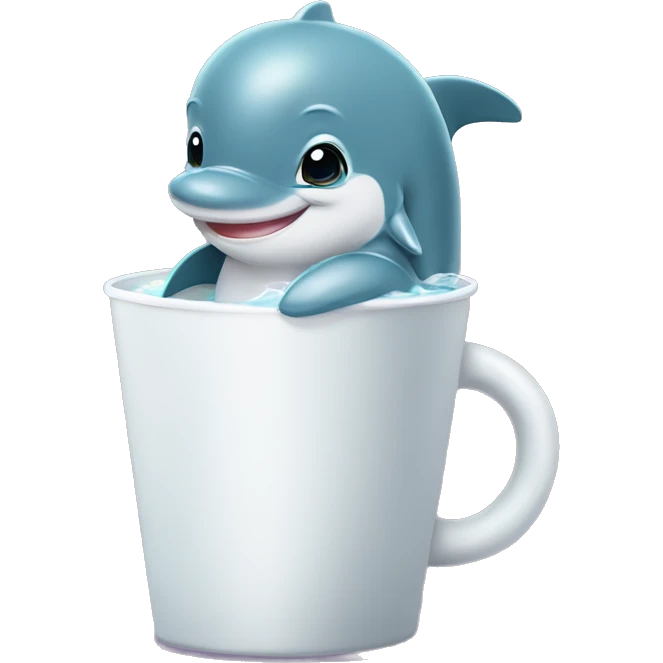  Create a image of baby dolphin with cute hands and legs, standing with a cup of Boba in hands, simple  emoji