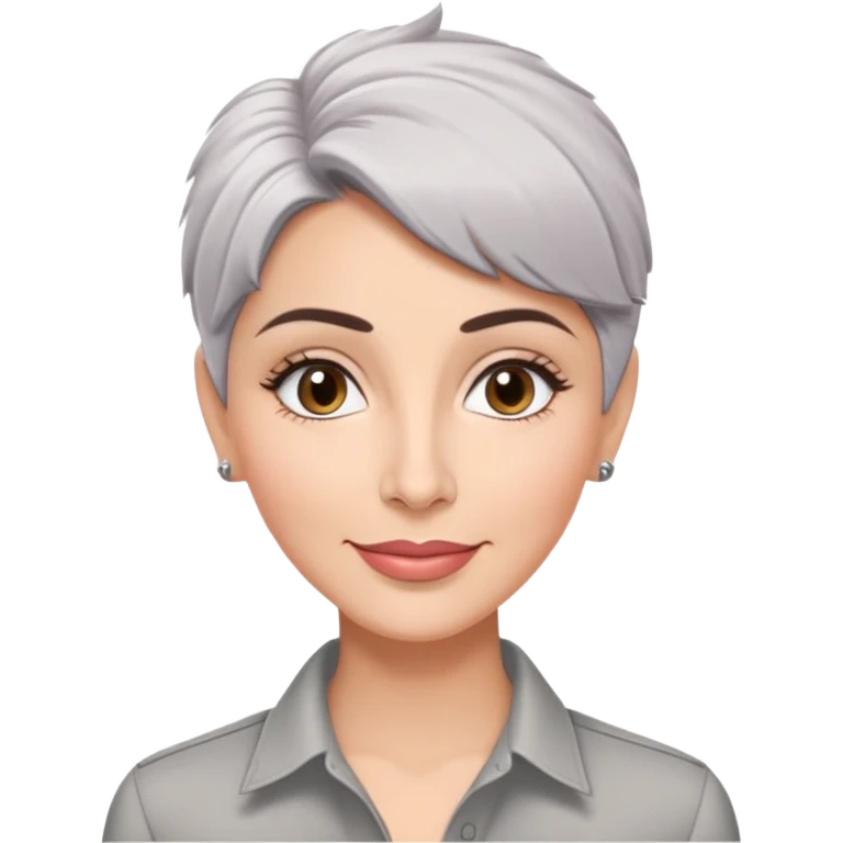 Puerto Rican actress Marian Pabón with elongated face, light pinkish skin, almond-shaped expressive eyes, straight nose, well-defined lips with wide smile, arched eyebrows, pronounced cheekbones, short spiky gray hair like a man's cut, wearing a white buttoned shirt emoji