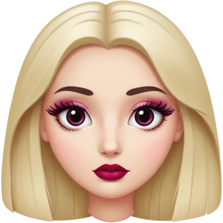 White girl with oval face, huge round black eyes, big eyelashes, berry colored lips, shiny full lips, face closeup, long straight middle-parted hair emoji