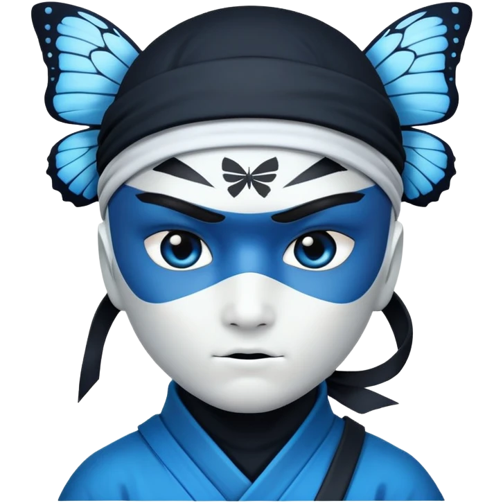 Ninja de ojos negros con la piel blanca con una mariposa azul posada en su hombro izquierdo  emoji