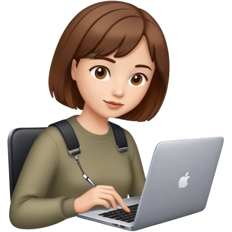 Girl with brown bob hairs with laptop and phone  emoji