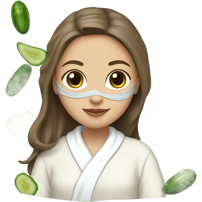 White girl with Brown hair and blue eyes wears a Green colored mask clay textured mask and puts on cucumbers around her eyes while She relaxes in her white Robe emoji