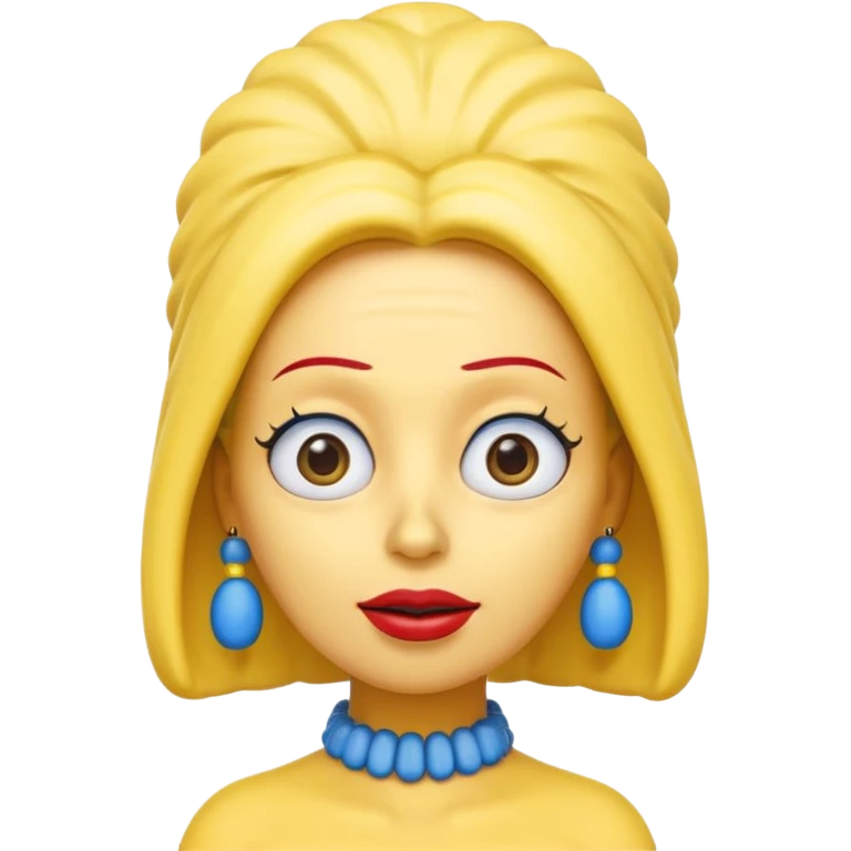 3D emoji head-only, smooth plastic, soft studio light, big round eyes, bold outline, centered, transparent bg,
Marge Simpson, yellow skin, tall cylindrical blue beehive hair, red bead necklace, overbite, no earrings, no eyelashes, no blonde hair emoji