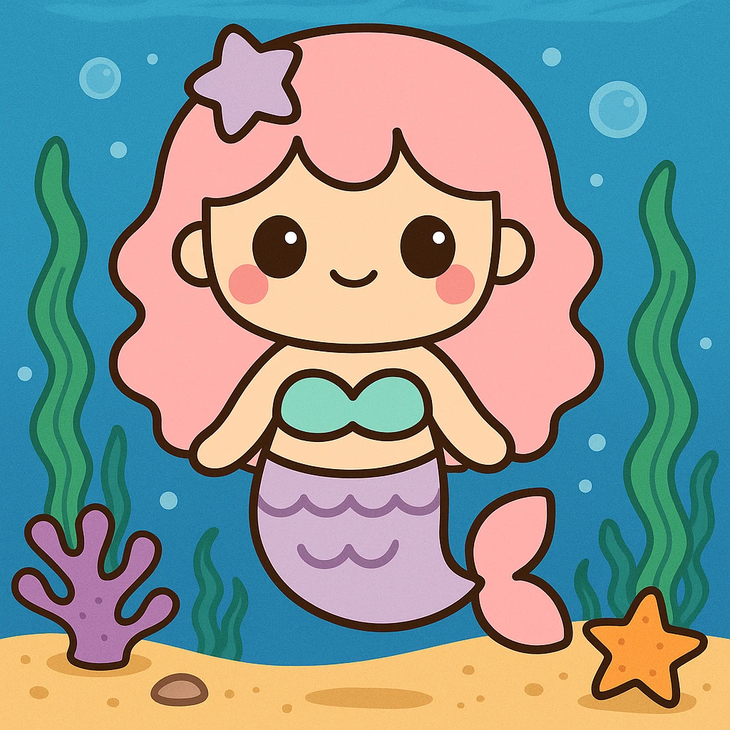 Add an underwater themed background to the pink-tailed mermaid while preserving the cute and colorful style. emoji