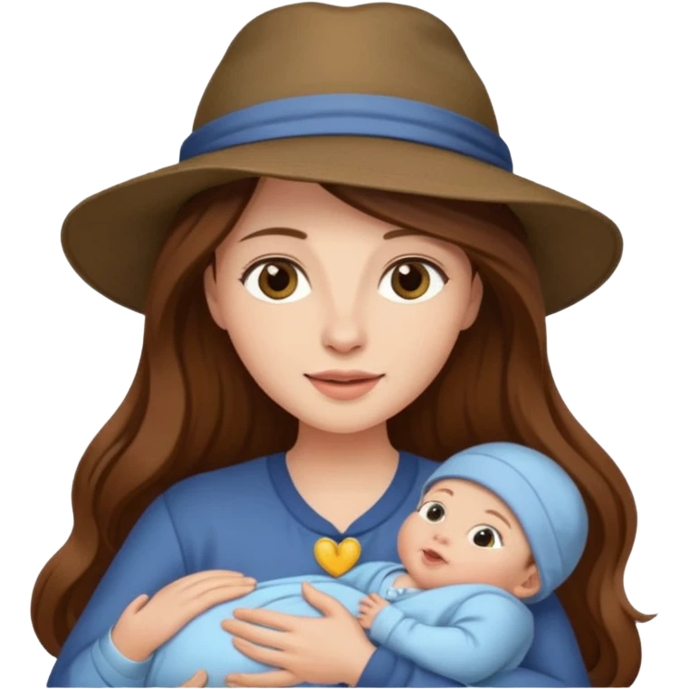 "Woman with long brown hair and fair skin holding a baby who is wearing a hat and has fair skin."
 emoji