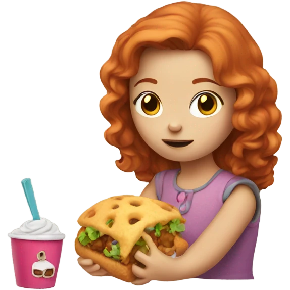 Redheaded girl, eating a toy emoji
