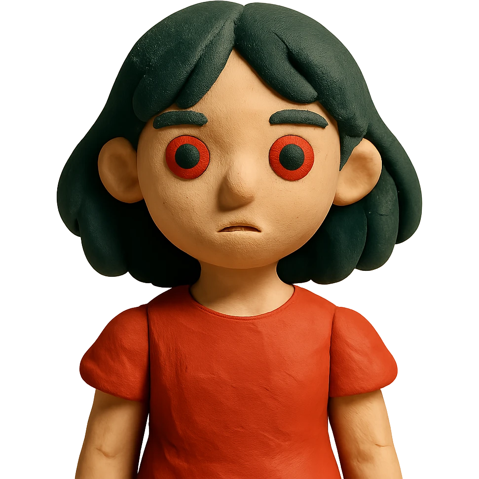 girl with dark green hair, red eyes, and a red dress emoji