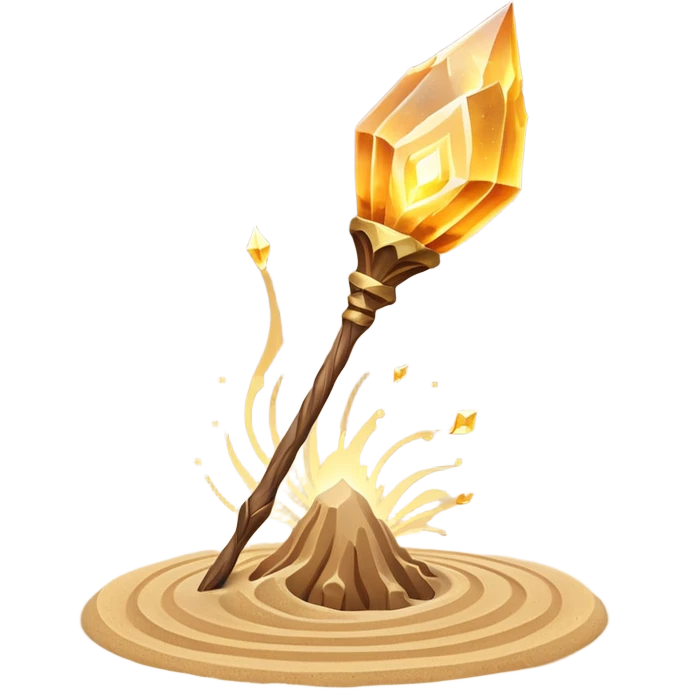 desert sand mage staff object icon, ancient wooden staff, swirling sand crystal on top, glowing golden aura, small floating sand particles, fantasy desert style, 3D cartoon, mobile game icon style, centered, clean background, soft shadow, no text, no watermark
 emoji
