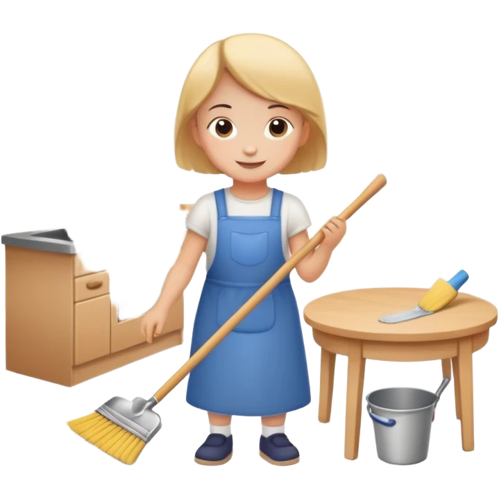 child helping parents with simple chores like sweeping or setting the table, cheerful and helpful emoji