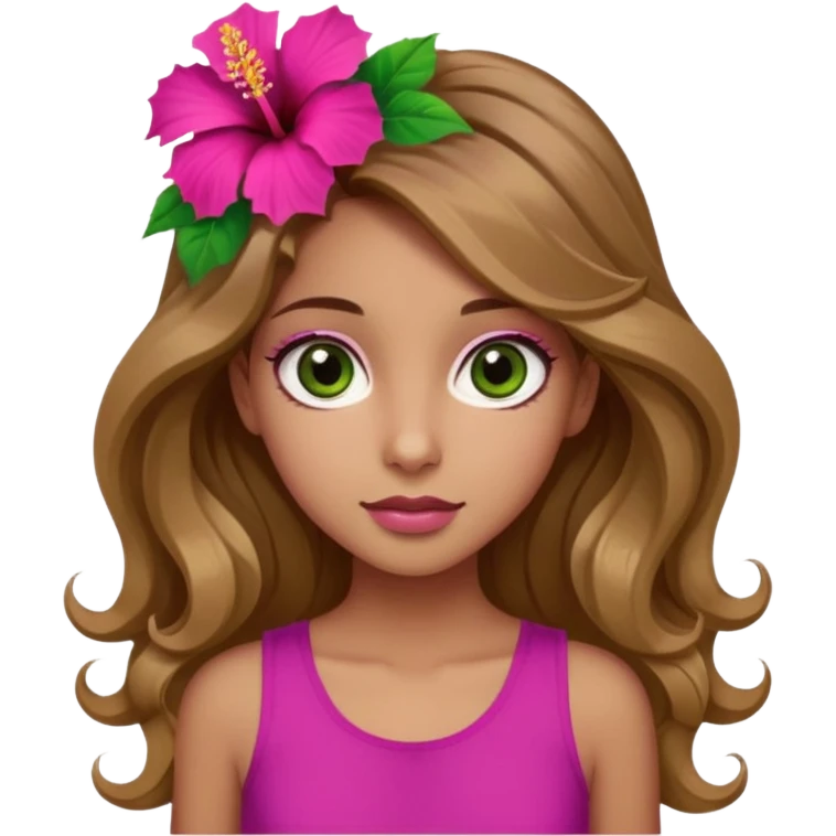 Una ragazza con gli occhi tra il marrone e il verde con gli occhi grandi i capelli lunghi castani quasi biondi lunghi fino alle spalle,poi magra con un top fucsia e uh hibicus sempre fucsia trai capelli  emoji