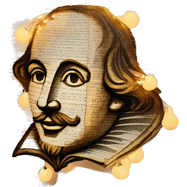 Glowing Shakespeare made of newspaper and bokeh fairy lights lanterns stained glass, fairy lights, bokeh, annotated sketch, handwritten letters, collage of intricate patterns, lantern, bokeh emoji