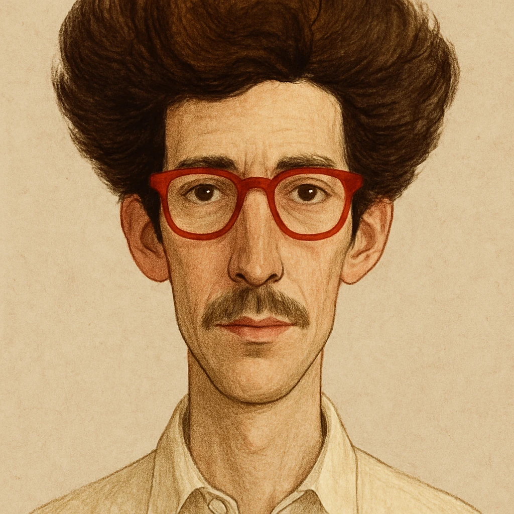 slightly elongated face of a man with red glasses and a big set of brown hair, style 3 emoji