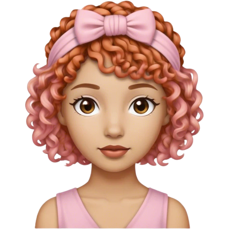Woman with Copper Curly short hair with a light pink side knotted headband emoji