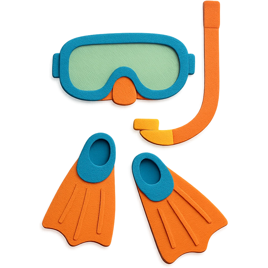 snorkel and flippers arranged as a flat lay with bright colors in paper-craft style emoji