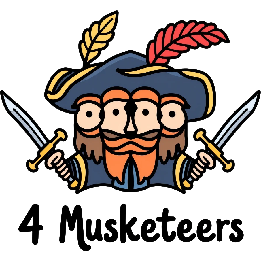 Four musketeers with feathered hats and swords with the text "4 Musketeers" emoji