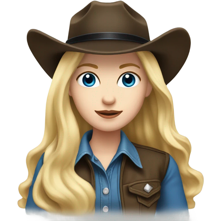 Long Flowing blow wave hair, Blue eyes cowgirl, pale skin, black hair, black cowgirl hat emoji