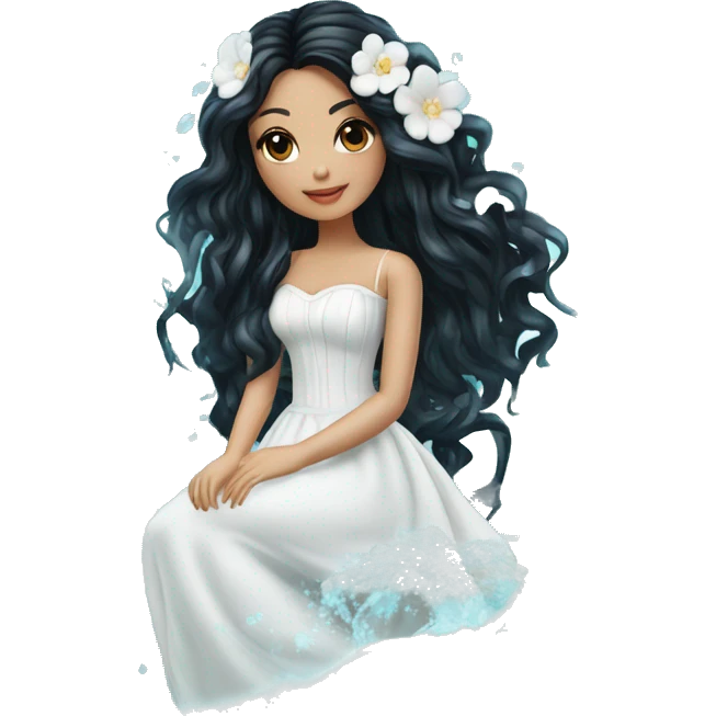 Pretty young Lady doll posing posed pose with long black hair flowers in hair white dress surrounded by flowing water water swirls waves emoji