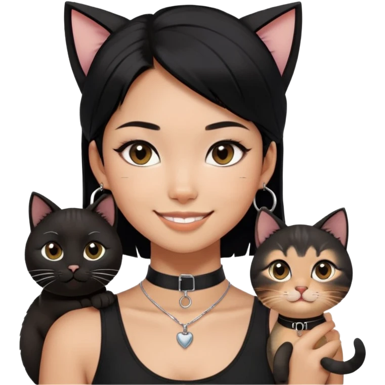 Asian girl, smiling, black hair, slightly longer than shoulder.  Holding two BLACK cats. one cat has a round fat face, the other one has a slightly slimmer face. Both pure black.  The girl also wearing a black singlet, a black chocker, silver round hook earring, and wearing eyeliner.  emoji