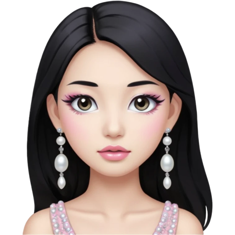 asian long black hair silver grey eyes glossy lips glittery white and light pink eyeshadow girl pearl earrings emoji