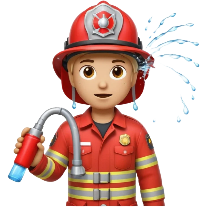 A 3D Apple-style emoji character dressed as a firefighter in a bright red uniform and helmet, holding a fire hose spraying water forward, determined expression with cartoonish eyes, water splashing effect, clean minimal background emoji