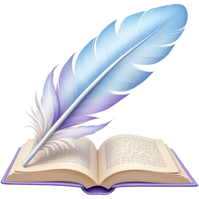 Create a delicate and poetic emoji representing poetry. The design should feature several elegantly flying pages with short poetic columns written on them. The pages should appear light and flowing, almost as if being carried by the wind. Include a white feather gently resting on the pages, symbolizing creativity and inspiration. Use soft, pastel tones like light blues, purples, and creams to give it a dreamy, artistic feel. The design should feel ethereal and whimsical, capturing the essence of poetry. Make the background transparent. emoji