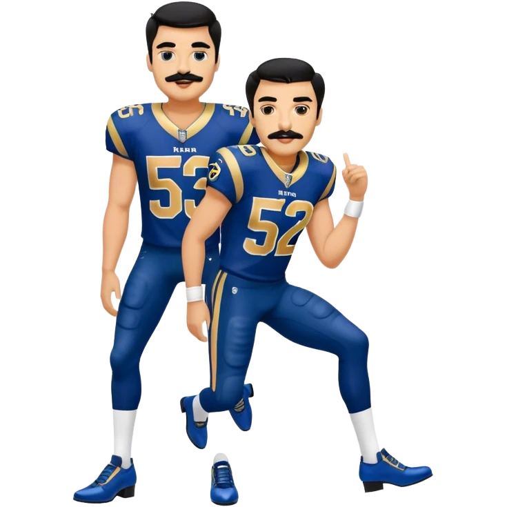 Chill guy in LA Rams jersey  with nu.ber 52. Black hair black mustache. Full body. Blue heels emoji