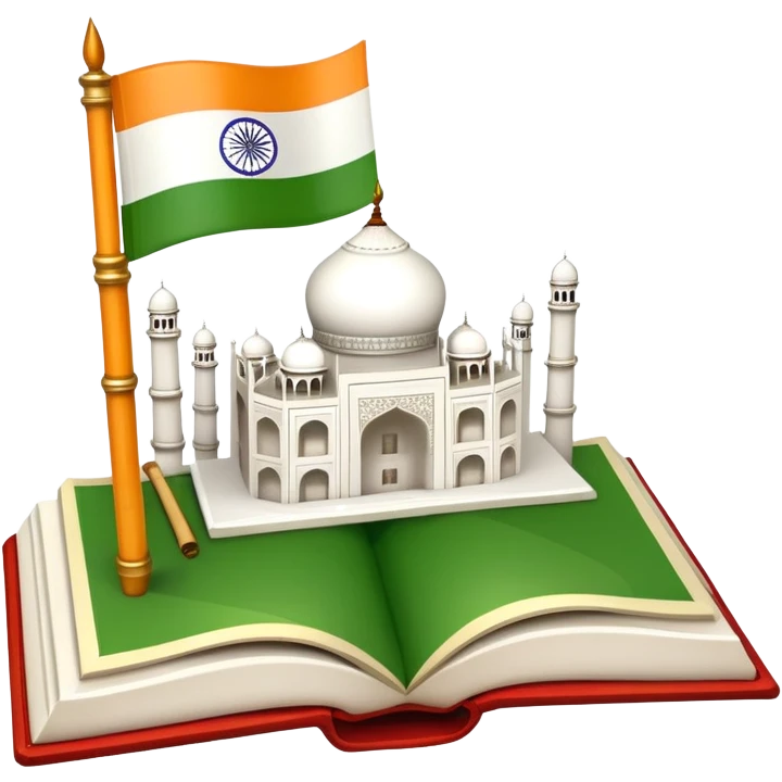 An icon featuring the Taj Mahal and the flag of India, symbolizing the Hindi language. The design includes an open book with Hindi script and a traditional Indian flute, representing language learning and cultural richness. Transparent background highlights the heritage of India. emoji