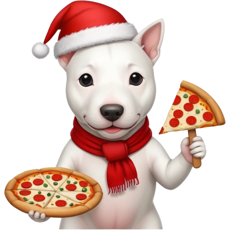 White bull terrier with a Christmas Hat, and a red scarf holding a pizza  emoji